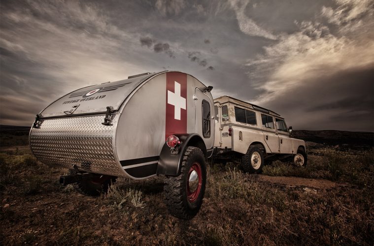 Best teardrop campers - The all-metal Vintage Overland Trailer complete with Swiss flag graphic and aluminium kick plate.