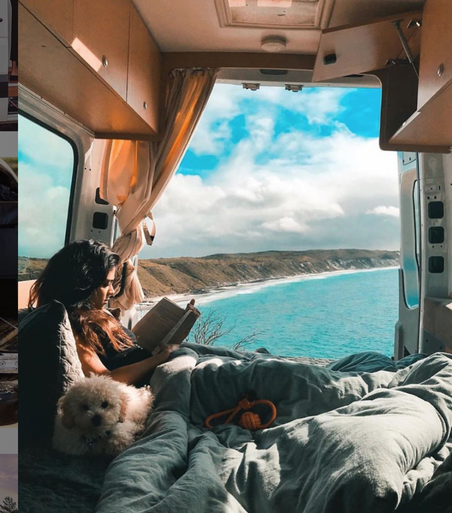 Off Grid Camper - Pratty McWueen reading and looking out at a bay