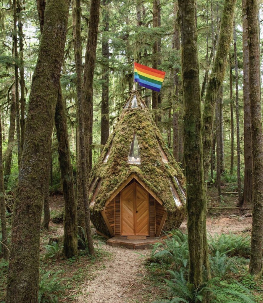 Moss covered cabin in the woods flying pride flag. 