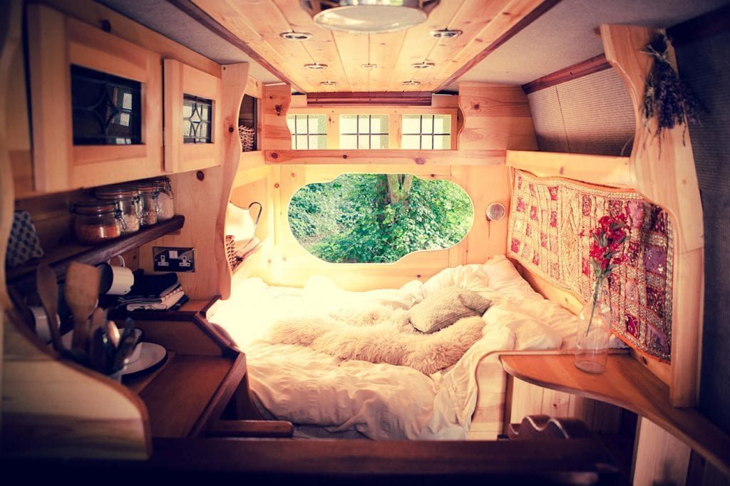 Inside a wooden camper from Quirky campers