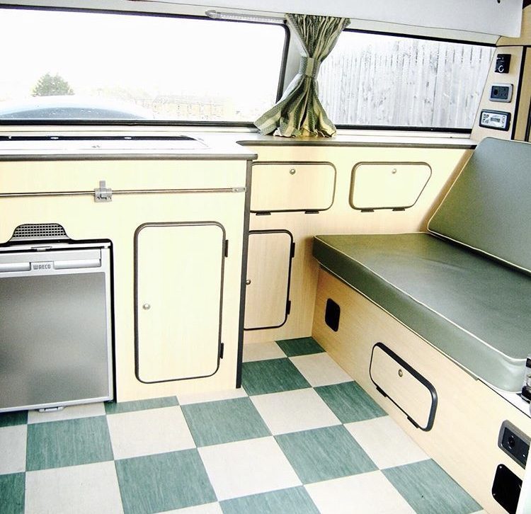 Mint green vintage interior of VW campervan. 