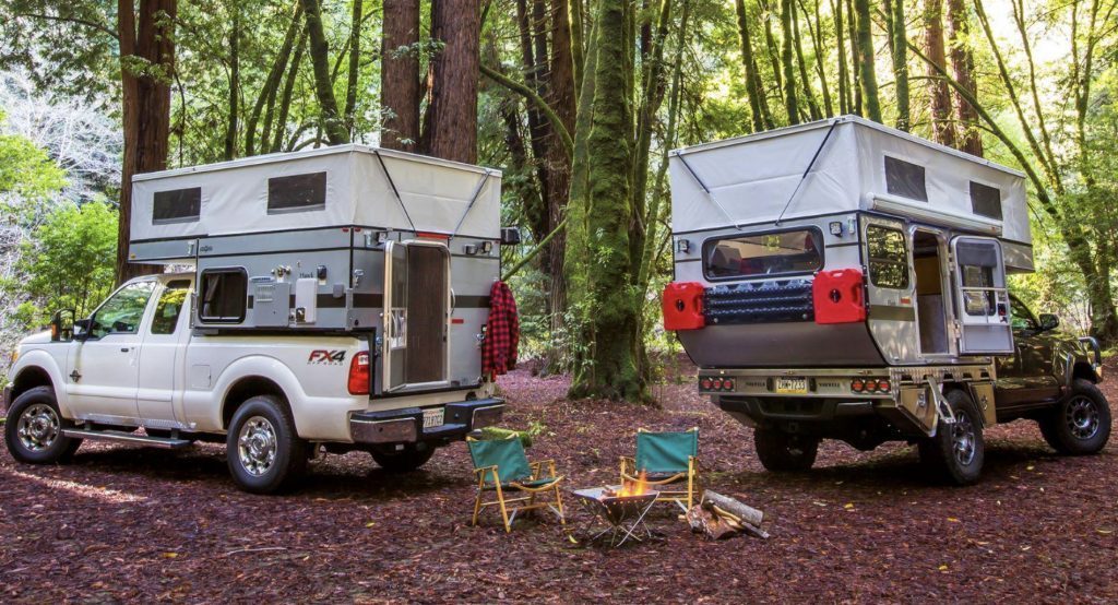 Best Small RV - two four wheel campers making camp in forest 