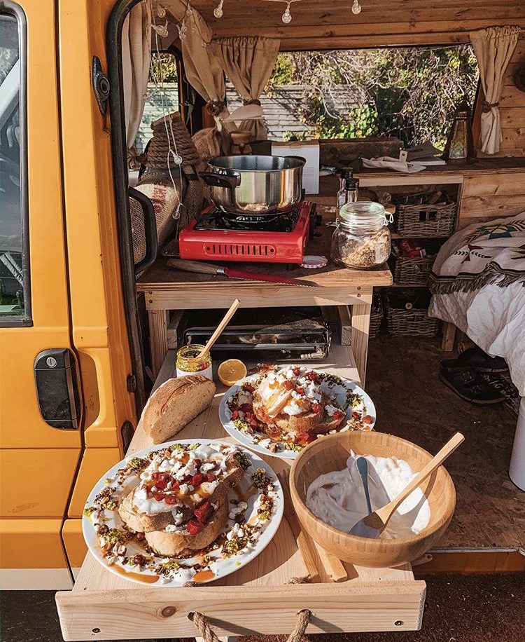 Custom van ideas - pull out kitchen from side door of van with food on. 