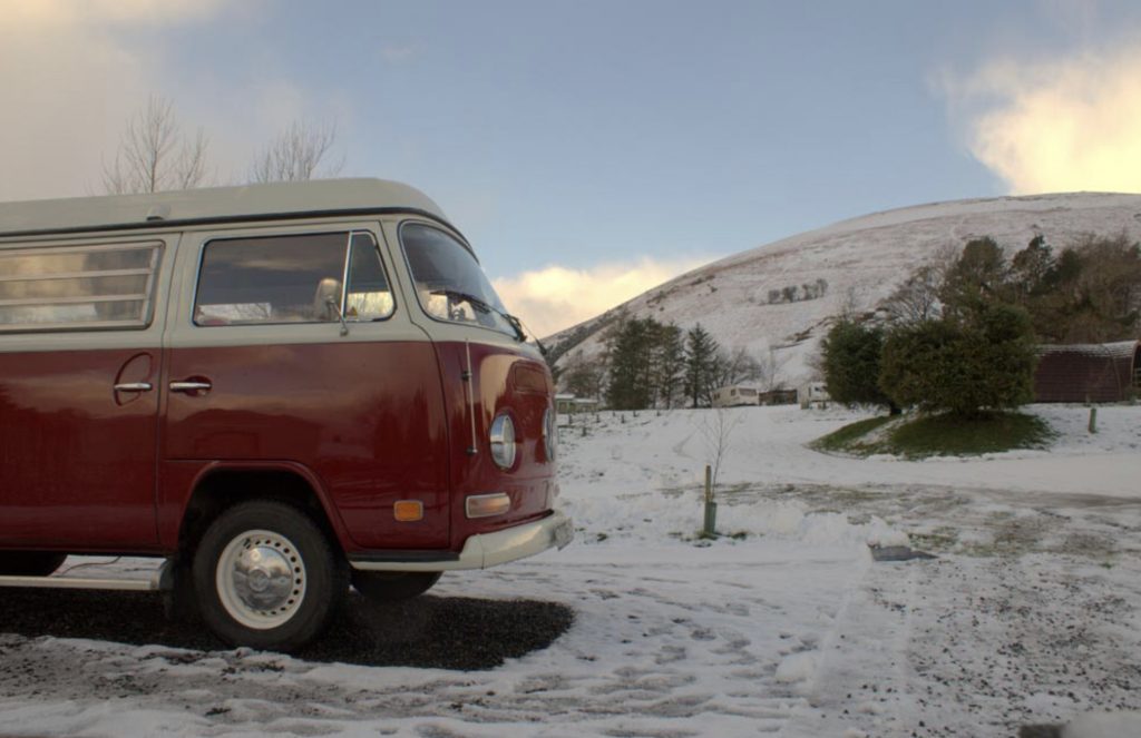 Best Campervan Campsites UK - VW in snow at campground 