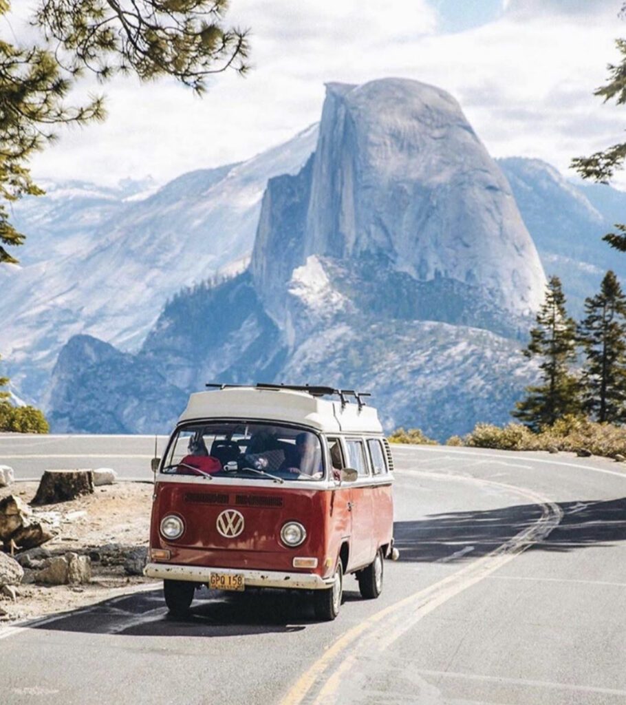 Shipping your van - VW driving in Yosemite in front of half dome