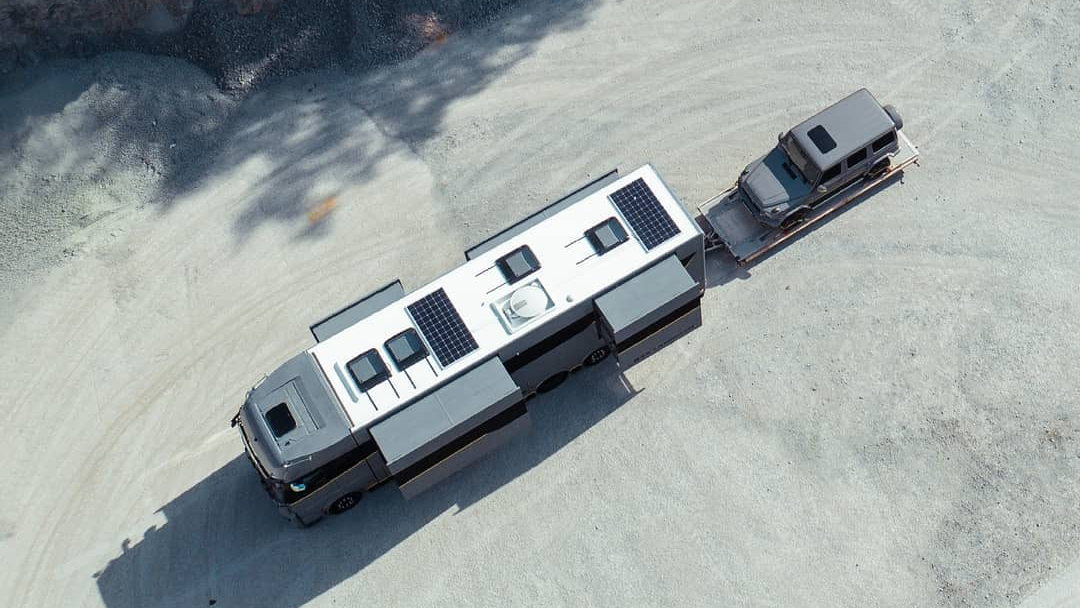 Birds eye view of solor panels and motorhome