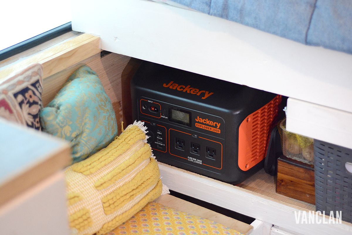 Jackery Explorer 1000 Stored on a shelf in our van
