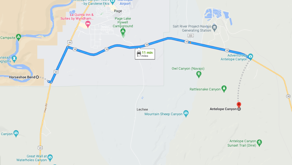 Horseshoe Bend to Antelope Canyon directions