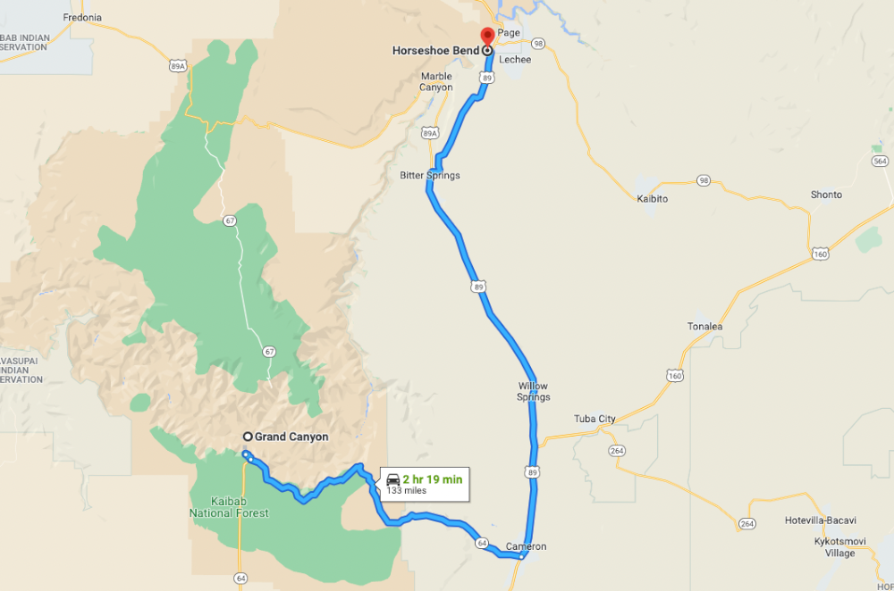 Grand Canyon to Horseshoe Bend directions